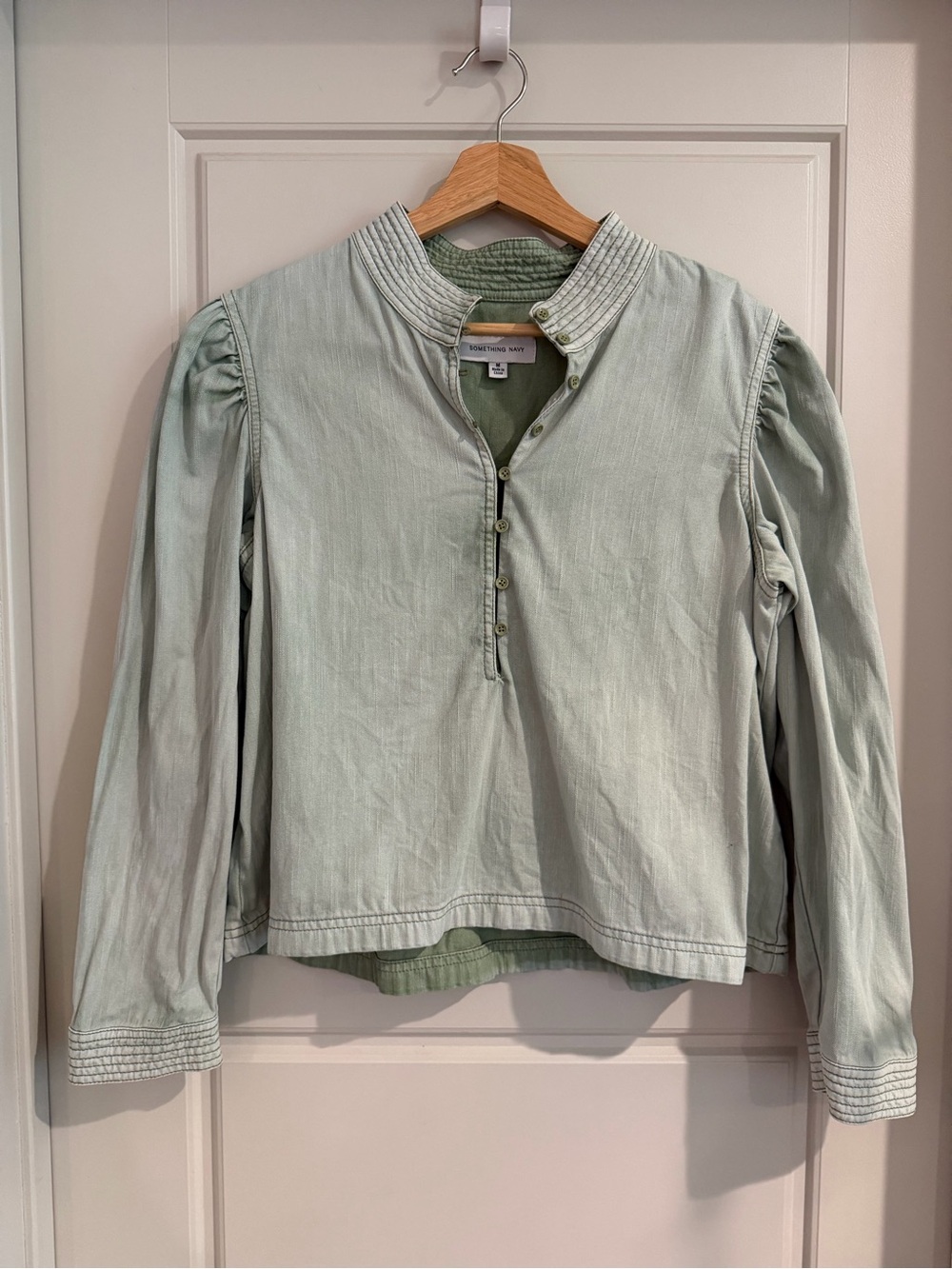 100% Cotton Sage Green Button Puff Sleeve Long Sleeve Blouse